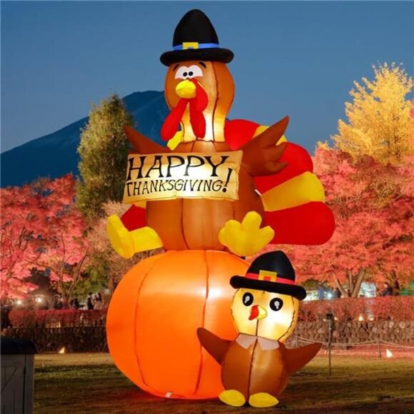 6 FT Thanksgiving Inflatables Turkey Decorations Blow Up Yard Turkey on Pumpkin - Picture 2 of 7